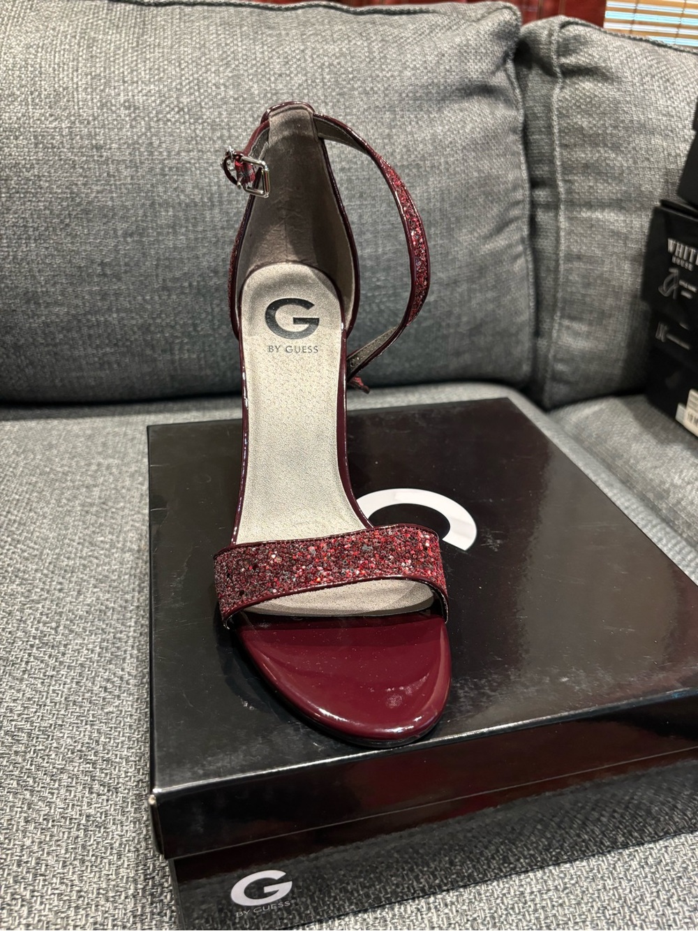 G by Guess Burgundy Glitter Ankle-Strap Heels